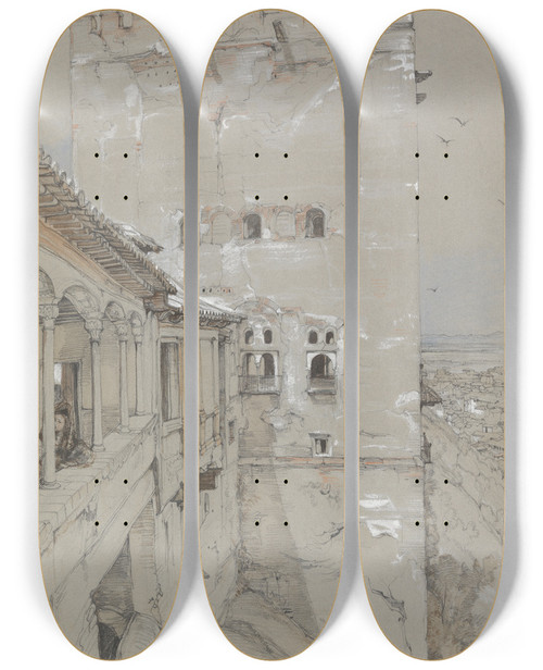 Triptych art skateboard deck of John Frederick Lewis The Torre De Comares Alhambra by John Frederick Lewis (1805-1876)