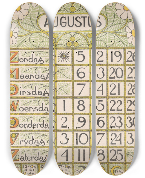 Triptych art skateboard deck of Theo Nieuwenhuis Kalenderblad Voor Augustus 1900 by Theo Nieuwenhuis (1866-1951)