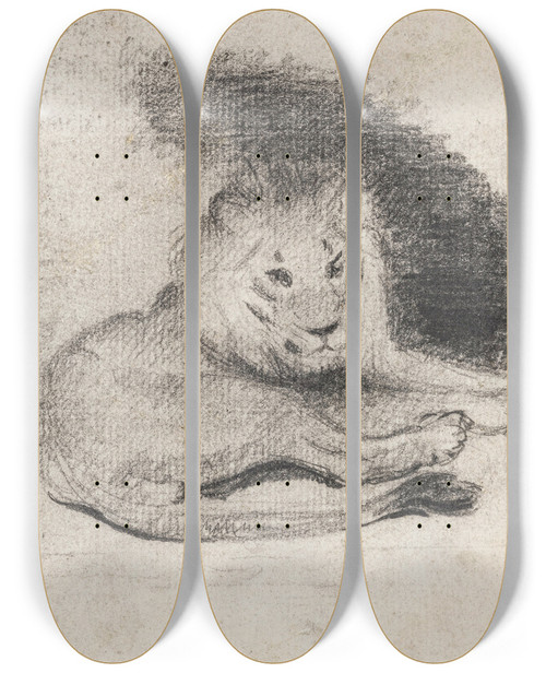 Triptych art skateboard deck of Antoinelouis Barye Etude De Lion Couch by Antoine-Louis Barye (1796-1875)