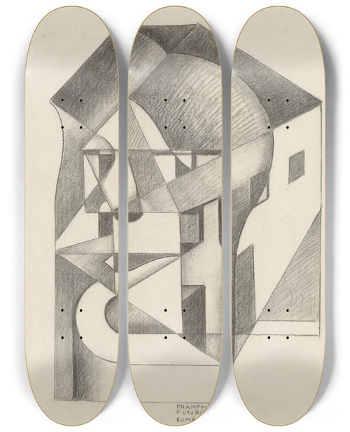 Triptych art skateboard deck of Enrico Prampolini Architectonic Absolute Head And Houses Futuristaroma by Enrico Prampolini (1894-1956)
