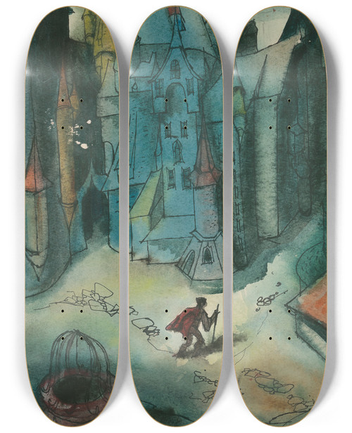 Triptych art skateboard deck of Jn Novk Study For A Slovak Fairytale Ii by Jan Novak (1921-1944)