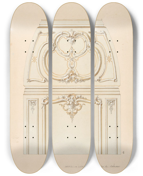 Triptych art skateboard deck of Julesedmondcharles Lachaise Design For Rococcostyle Wall And Cove Ornament In The Salon Of The Hotel De Luynes Owned By The Duc De Sabran by Jules-Edmond-Charles Lachaise (1897)