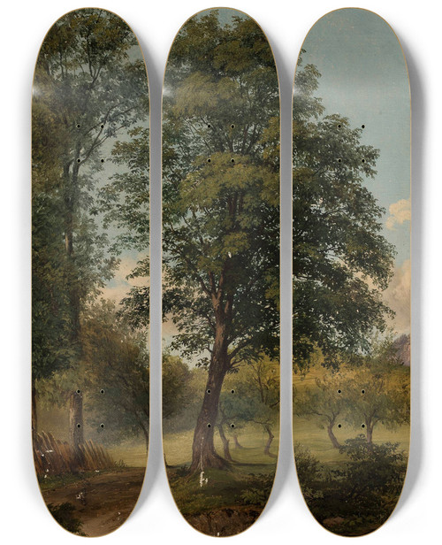 Triptych art skateboard deck of Jan Nepomucen Glowacki View With A Bridge Over A Creek by Jan Nepomucen Glowacki (1802-1847)