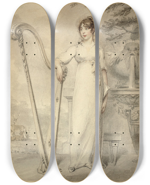 Triptych art skateboard deck of Henry Edridge Fulllength Portrait Of Miss V Dupuis Resting Her Arm On A Harp In The Background A Fountain And A Landscape With Deer by Henry Edridge (1769-1821)