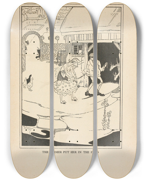Triptych art skateboard deck of Jean De Bosschre The Farmer Put Her In The Fold by Jean de Bosschre (1878-1953)