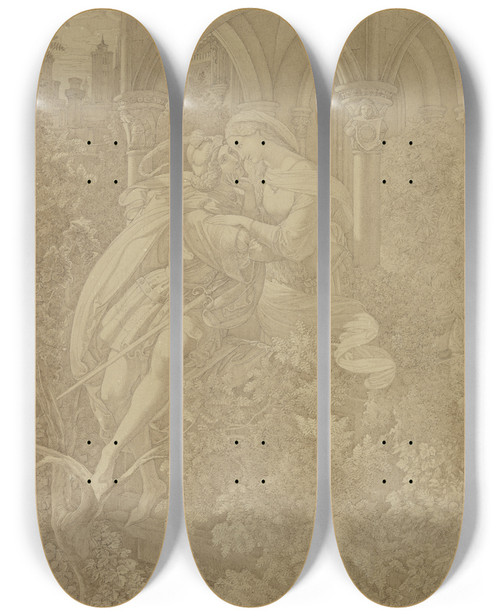Triptych art skateboard deck of Ferdinand Fellner Romeo Klettert Vom Balkon Der Julia Hinab by Ferdinand Fellner (1799-1859)