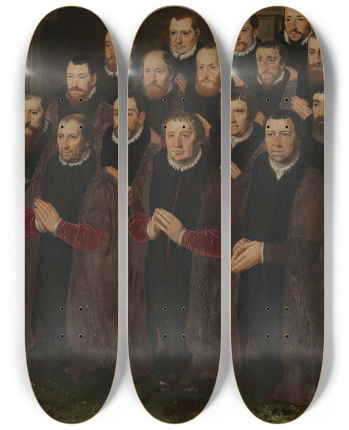 Triptych art skateboard deck of Pieter Pourbus 16 Portraits Of The Members Of The Fraternity Of The Holy Blood by Pieter Pourbus (1523-1584)