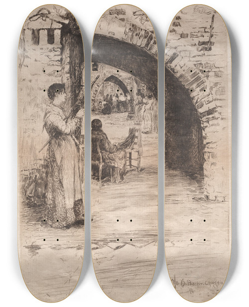 Triptych art skateboard deck of Otto Henry Bacher Net Makers_1 by Otto Henry Bacher (1856-1909)