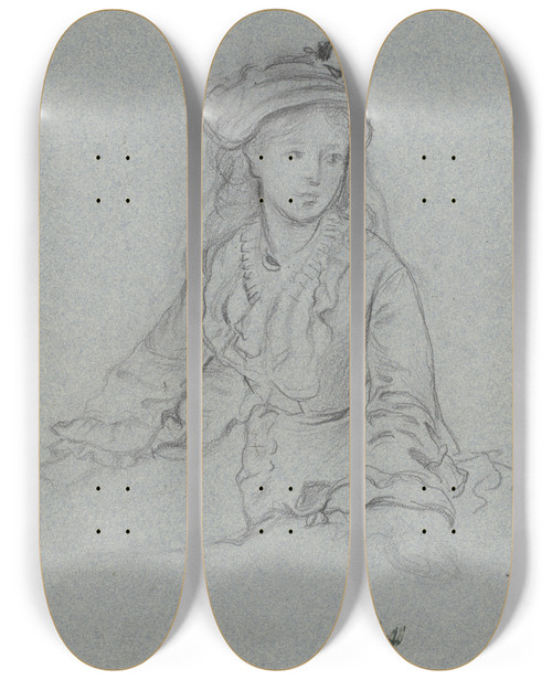 Triptych art skateboard deck of Otto Scholderer Luise Scholderer In Rschenjacke Und Mit Hut Halbfigur Sitzend by Otto Scholderer (1834-1902)