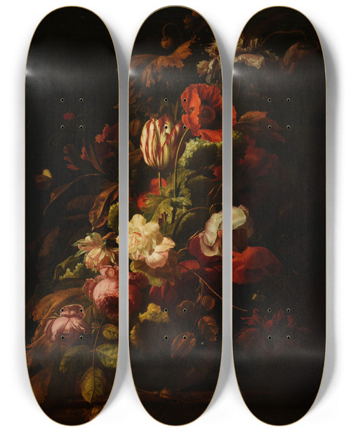 Triptych art skateboard deck of Simon Verelst Bouquet De Fleurs_2 by Simon Verelst (1644-1721)