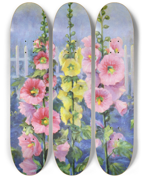 Triptych art skateboard deck of Lafayette F Cargill Hollyhock by Lafayette F Cargill (20-)