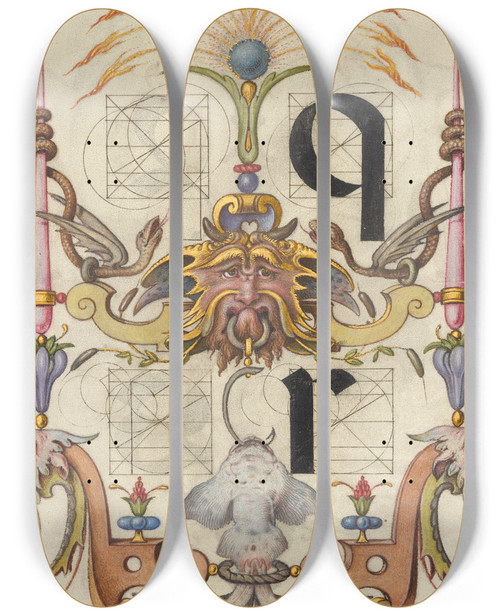Triptych art skateboard deck of Joris Hoefnagel Guide For Constructing The Letters Q And R by Joris Hoefnagel (1542-1600)