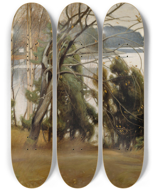 Triptych art skateboard deck of Pekka Halonen Sallow In Autumn by Pekka Halonen (1865-1933)