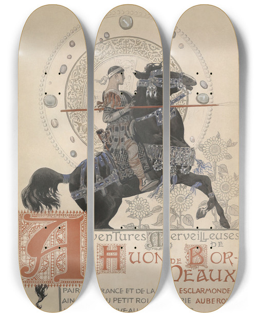 Triptych art skateboard deck of Manuel Orazi Ilustrace K Eposu Huon De Bordeaux by Manuel Orazi (1860-1934)