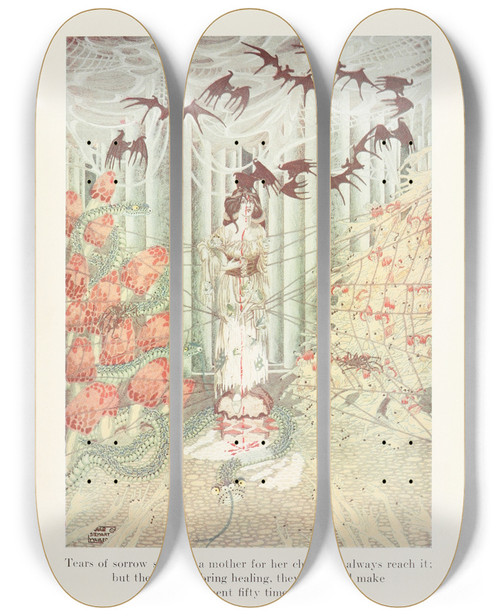 Triptych art skateboard deck of Dugald Stewart Walker Fairy Tales From Hans Christian Andersen Pl12 by Dugald Stewart Walker (1883-1937)
