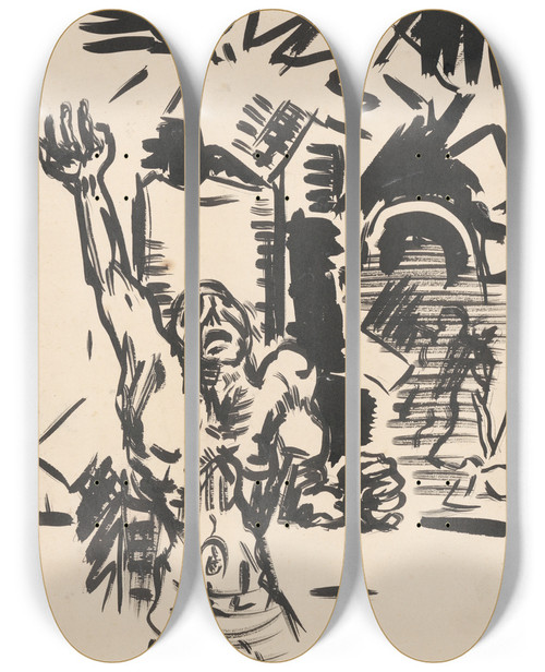 Triptych art skateboard deck of Arnold Peter Weiszkubnan Protest by Arnold Peter Weisz-Kubnan (1898-1944)