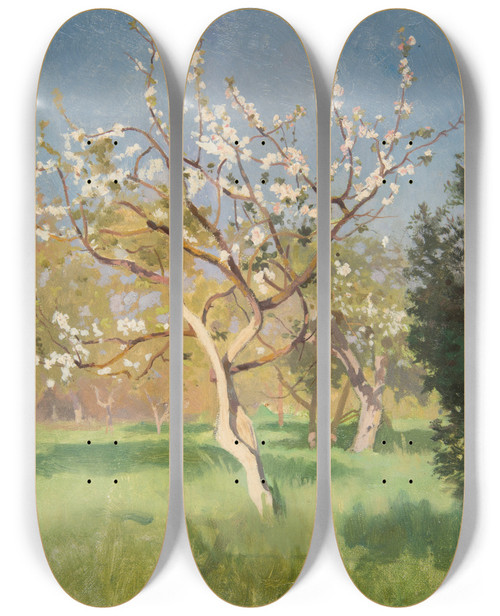 Triptych art skateboard deck of Jan Stanislawski Appletree In Blossom by Jan Stanislawski (1860-1907)
