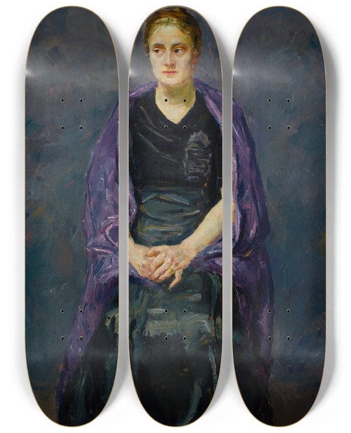 Triptych art skateboard deck of Max Beckmann Portrait Of Mink With Violet Shawl by Max Beckmann (1884-1950)