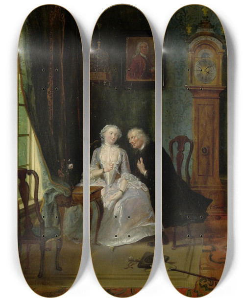 Triptych art skateboard deck of Cornelis Troost Unseemly Love Perhaps A Scene Of The Widower Joost With Lucia 2Nd Scene From The Play De Wanhebbelijke Liefde By Cj Van Der Lijn by Cornelis Troost (1696-1750)