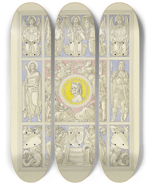 Triptych art skateboard deck of Ferdinand Fellner Titelblatt Zur Gttlichen Komdie by Ferdinand Fellner (1799-1859)