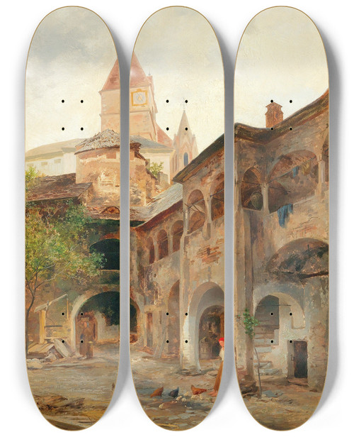 Triptych art skateboard deck of Hugo Darnaut A View Of The Theissenhoferhof In Weissenkirchen by Hugo Darnaut (1850-1937)