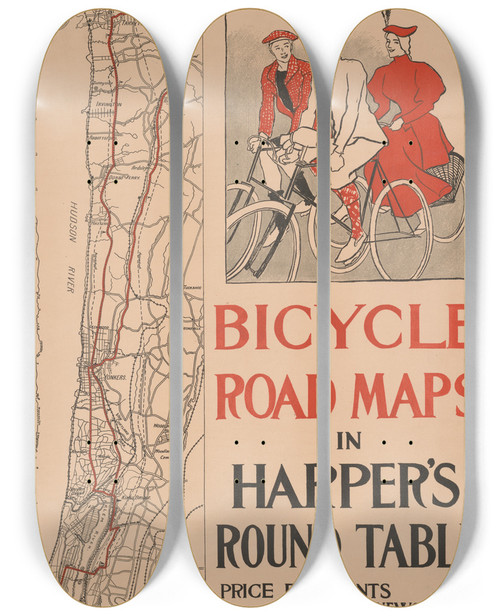 Triptych art skateboard deck of Edward Penfield Bicycle Road Maps In Harpers Round Table by Edward Penfield (1866-1925)