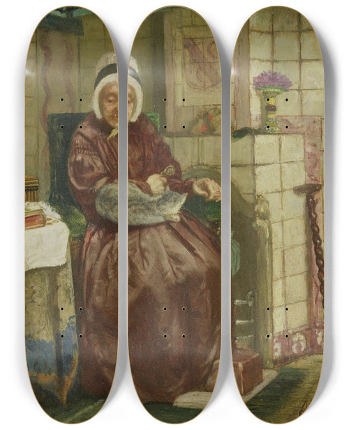 Triptych art skateboard deck of August Alleb Old Woman By The Fireplace by August Allebe (1838-1927)