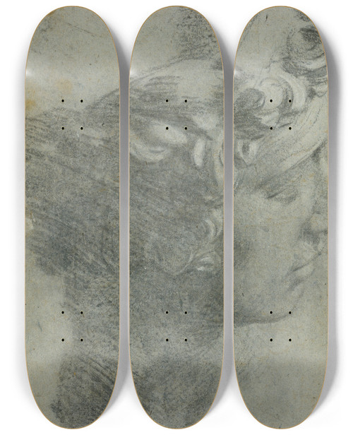 Triptych art skateboard deck of Jacopo Tintoretto Study After The Head Of Michelangelos Giuliano Demedici by Jacopo Tintoretto (1518-1594)