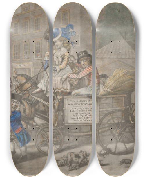 Triptych art skateboard deck of Richard Dighton A Lesson Westward Or A Morning Visit To Betsy Cole by Richard Dighton