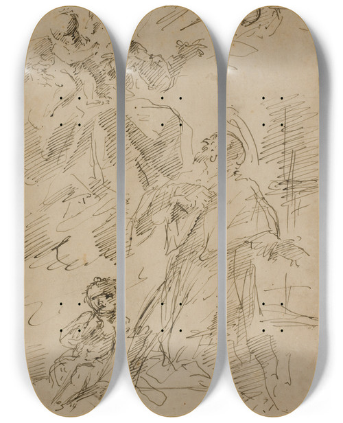 Triptych art skateboard deck of Gaspare Diziani Jomfru Maria Med Barnet I Skyerne Den Hellige Johannes Af Nepomuk Nedenunder by Gaspare Diziani (1689-1767)