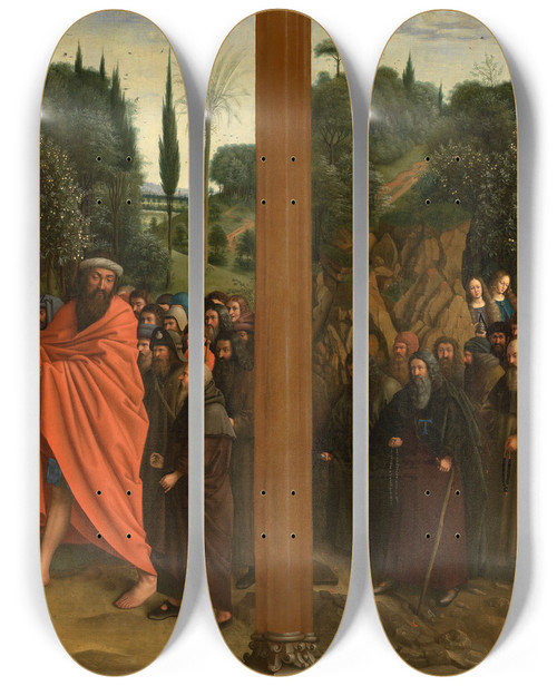 Triptych art skateboard deck of Jan Van Eyck Holy Hermits And Holy Pilgrims by Jan Van Eyck (1390-1441)