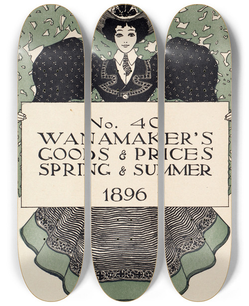 Triptych art skateboard deck of Maxfield Parrish No 40 Wanamakers Goods Prices Spring And Summer 1896 by Maxfield Parrish (1870-1966)