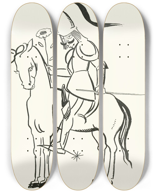 Triptych art skateboard deck of Jean De Bosschre A Cavalier Mounted On A Large Steed by Jean de Bosschre (1878-1953)