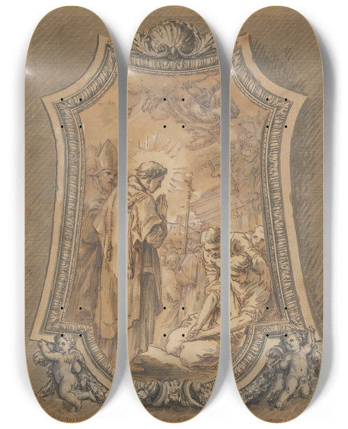 Triptych art skateboard deck of Charlesandr Van Loo Saint Gregory As Deacon Directing Prayers And Processions For The Cessation Of The Plague by Charles-Andr van Loo (1705-1765)