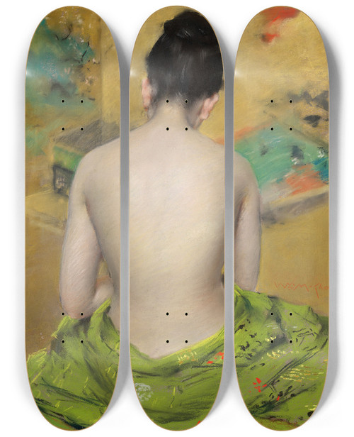 Triptych art skateboard deck of William Merritt Chase Study Of Flesh Color And Gold by William Merritt Chase (1849-1916)