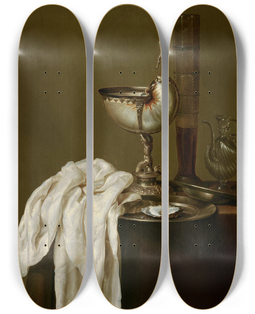 Triptych art skateboard deck of Willem Claesz Heda Still Life With Nautilus Cup by Willem Claesz Heda (1594-1680)