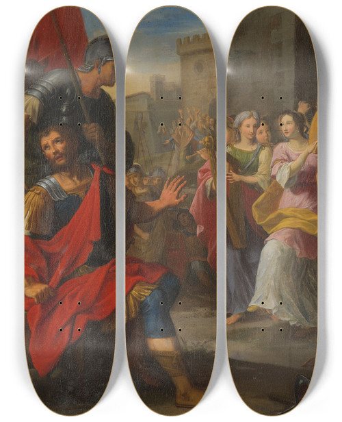Triptych art skateboard deck of Bolognese School Jephthah And His Daughter by Bolognese School
