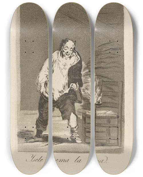 Triptych art skateboard deck of Francisco De Goya Ysele Quema La Casa And His House Is On Fire by Francisco de Goya (1746-1828)
