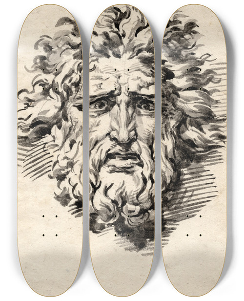 Triptych art skateboard deck of David Humbert De Superville Head Of A Bearded Man With A Frightened Expression by David Humbert De Superville (1770-1849)