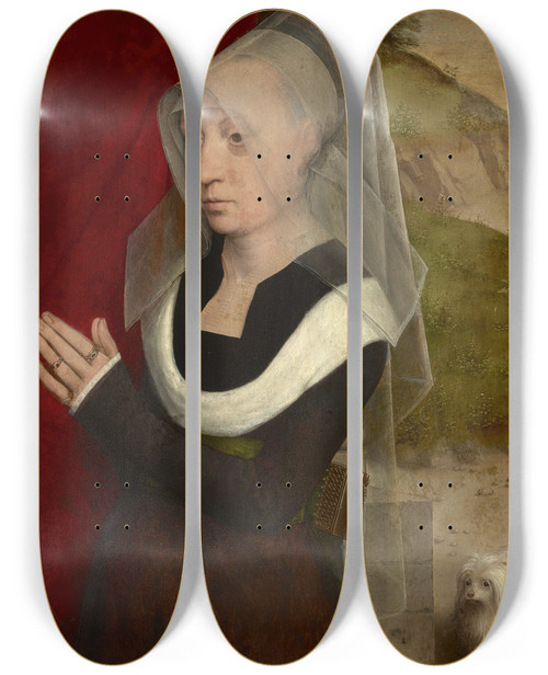 Triptych art skateboard deck of Hans Memling Portrait Of A Woman At Prayer by Hans Memling (1430-1494)