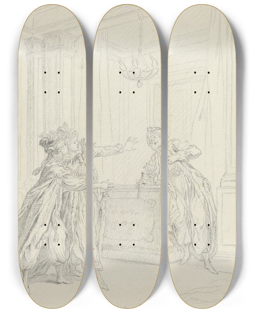 Triptych art skateboard deck of Hubertfranois Gravelot Calmine Quel Objet Vient Effrayer Ma Vue by Hubert-Franois Gravelot (1699-1773)