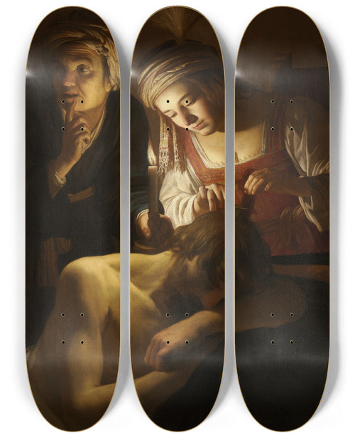 Triptych art skateboard deck of Gerard Van Honthorst Samson And Delilah by Gerard Van Honthorst (1592-1656)