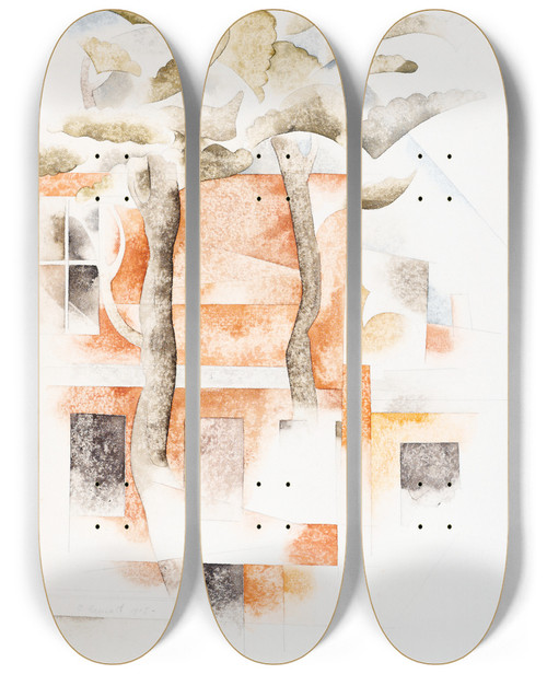 Triptych art skateboard deck of Charles Demuth Bermuda Houses Seen Through Trees by Charles Demuth (1883-1935)