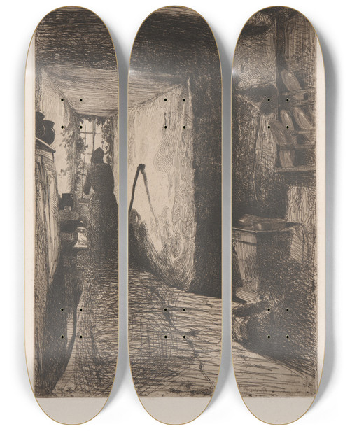 Triptych art skateboard deck of James Abbott Mcneill Whistler The Kitchen_2 by James Abbott Mcneill Whistler (1834-1903)