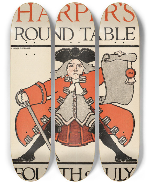 Triptych art skateboard deck of Maxfield Parrish Harpers Round Table Fourth Of July by Maxfield Parrish (1870-1966)