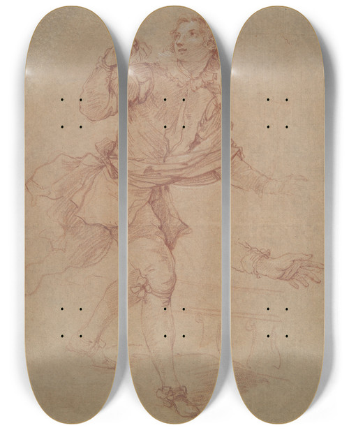 Triptych art skateboard deck of Charlesjoseph Natoire Study Of A Young Man Study For The Tapestry Sanchos Departure For The Island Ofbarataria by Charles Joseph Natoire (1700-1777)