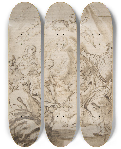 Triptych art skateboard deck of Antonio Gionima The Virgin And Child Enthroned With Attendant Saints by Antonio Gionima (1697-1732)