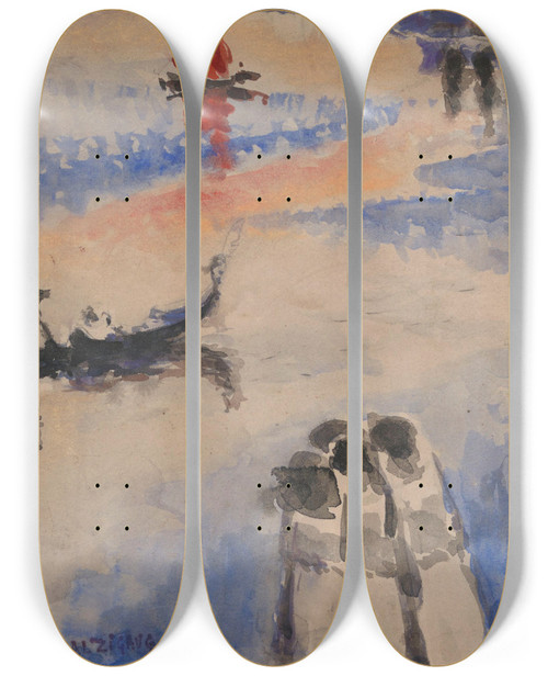 Triptych art skateboard deck of Jules Schmalzigaug Red Sailing Ship And Gondola by Jules Schmalzigaug (1882-1917)