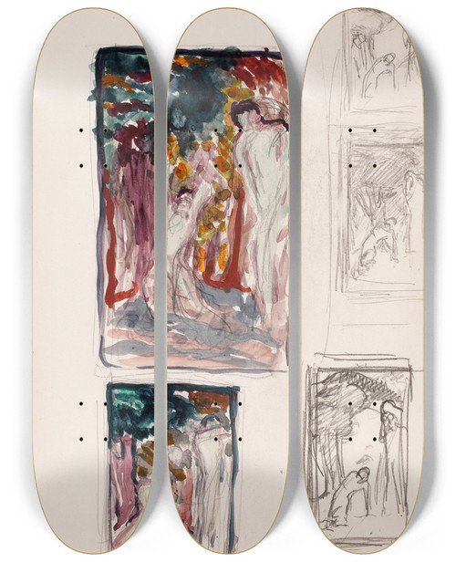 Triptych art skateboard deck of Magnus Enckell Luonnoksia Maalaukseen Haavoittunut Nymfi by Magnus Enckell (1870-1925)