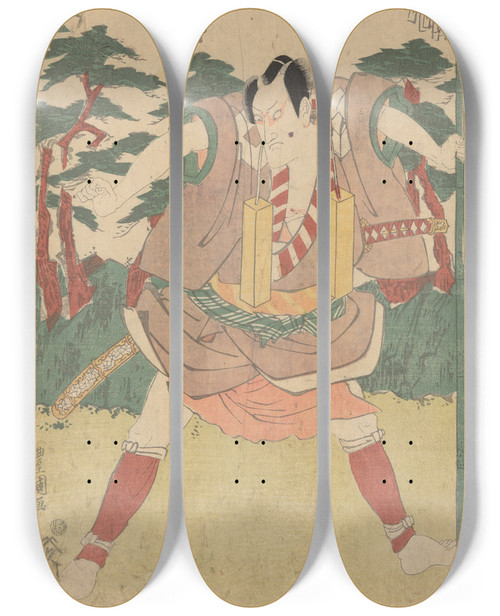 Triptych art skateboard deck of Toyokuni Utagawa Actor With Pole And Sword by Toyokuni Utagawa (1769-1825)